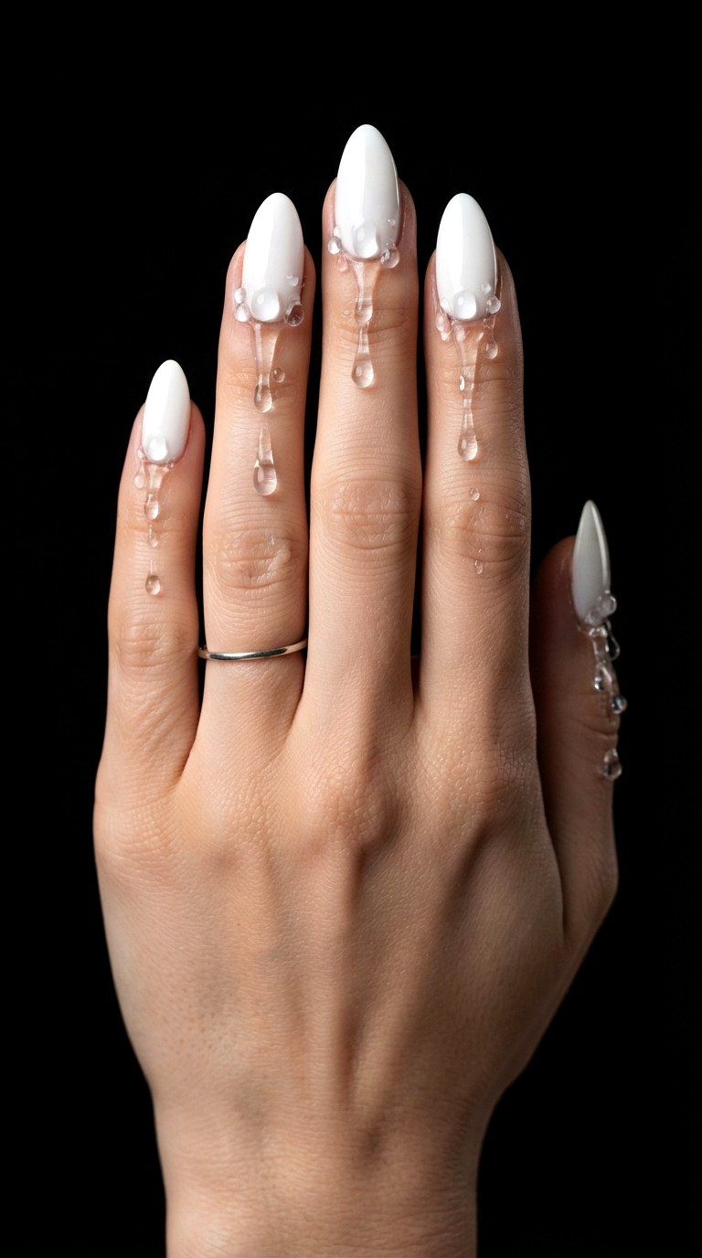 D Sculptural Drip Details - 27 white almond nails
