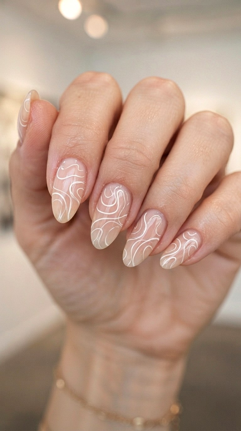 Abstract White Swirls - 28 white nails