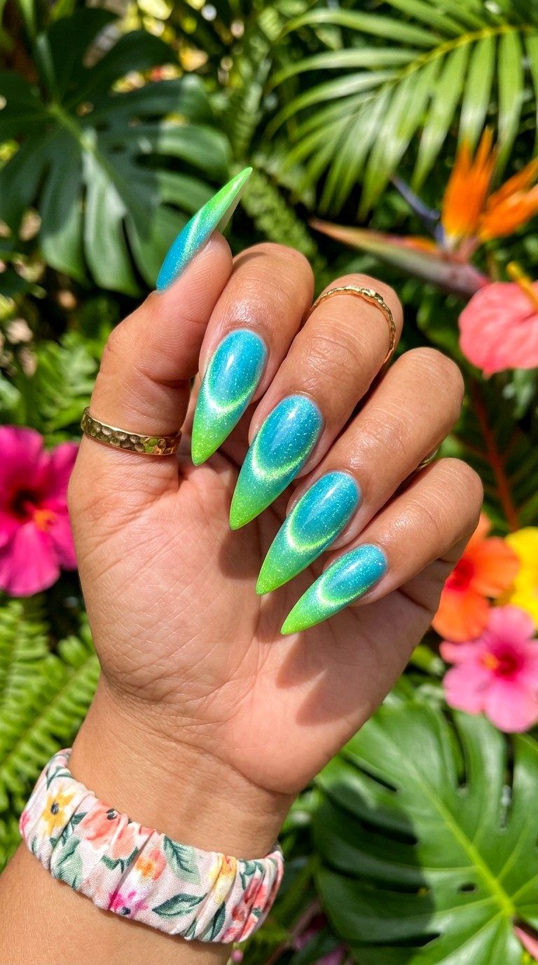 Aqua and Lime Green Glow - 20  Spring Dual-Tone Magnetic Cat Eye Nails Ideas