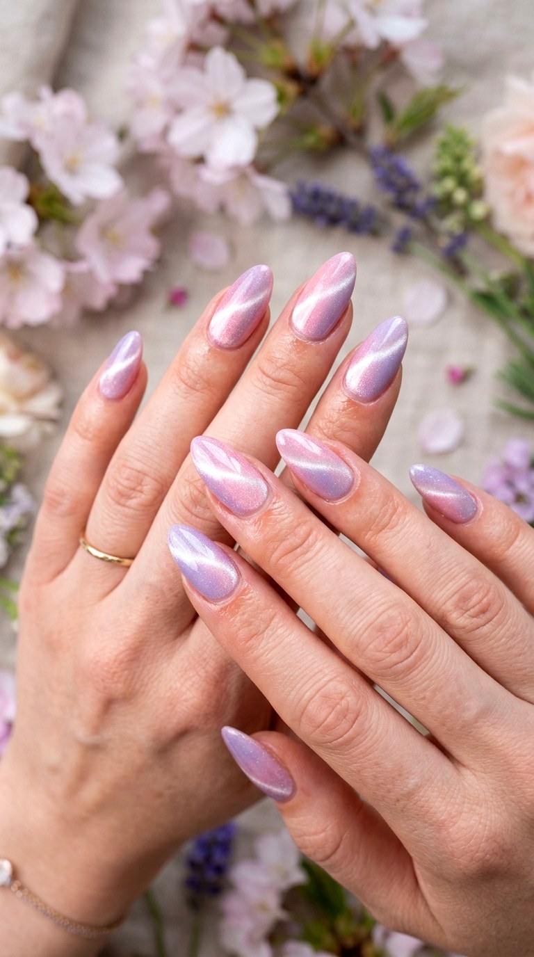 Baby Pink and Lavender Glow - 20  Spring Dual-Tone Magnetic Cat Eye Nails Ideas