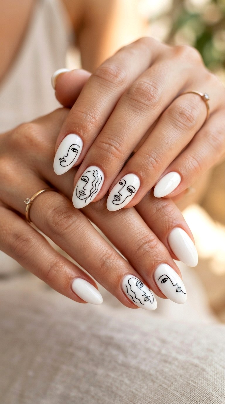 Black and White Line Art - 22 white nails with designs