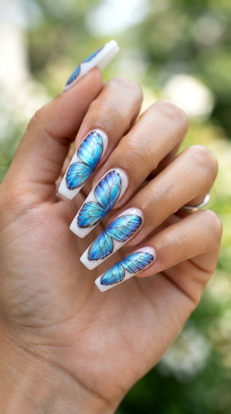 Butterfly Wing Illusions - 22 white nails with designs