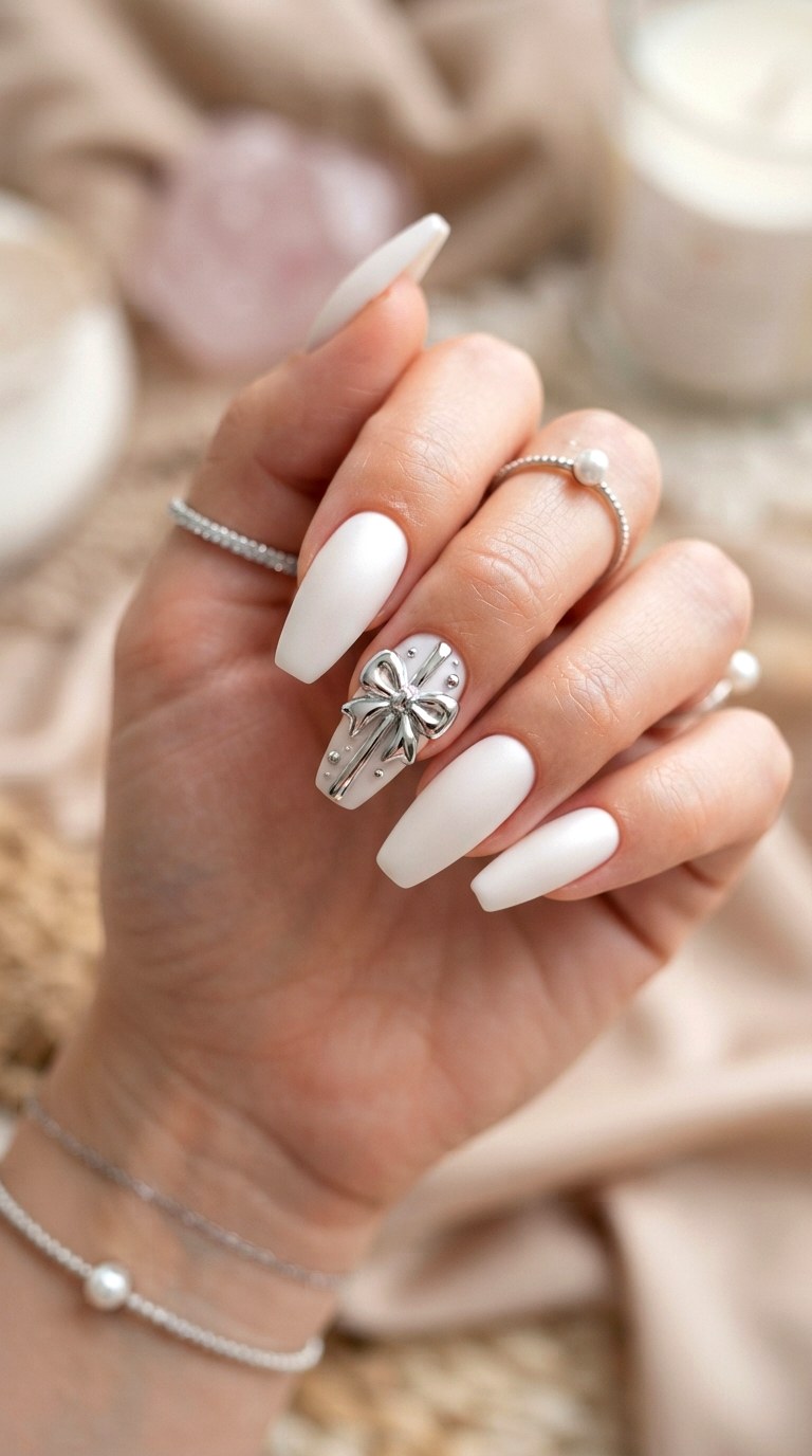 Chrome Ribbon Bows - 22 white nails with designs
