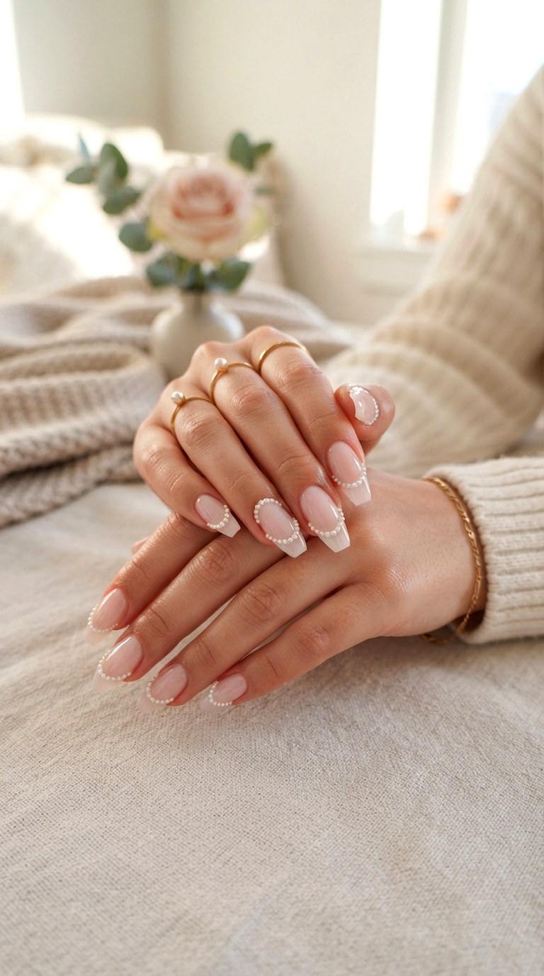 French Twist with Pearls - 22 white nails with designs