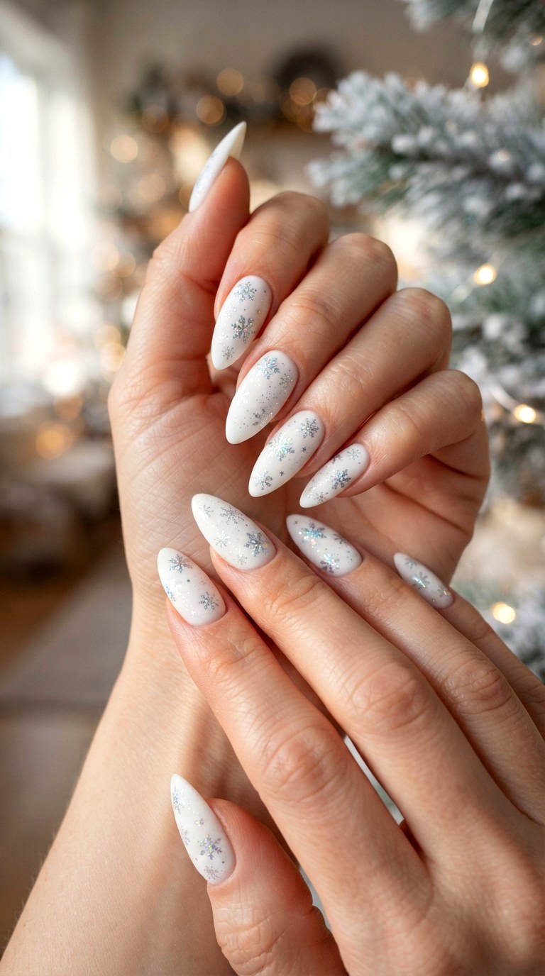 Frosted Snowflake Details - 22 white nails with designs