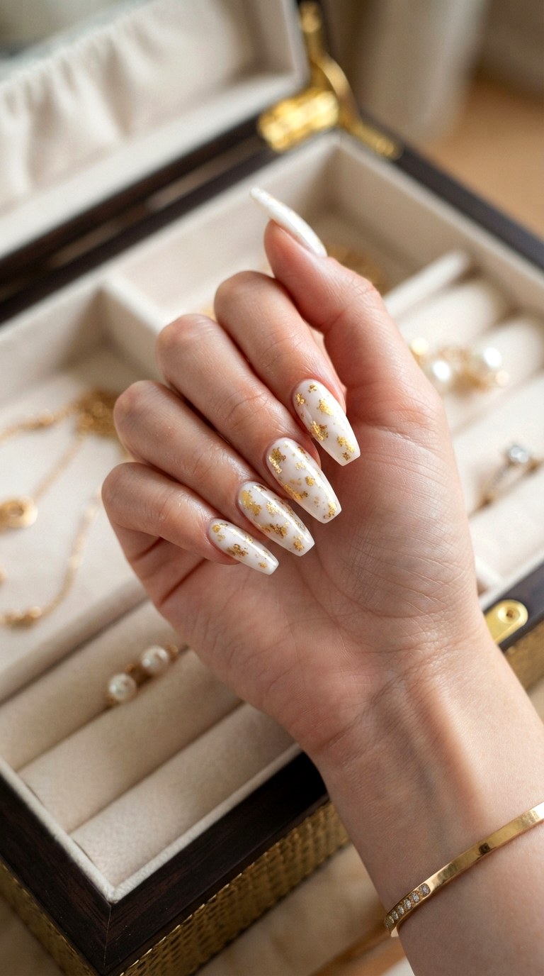 Gold Foil Luxury - 22 white nails with designs