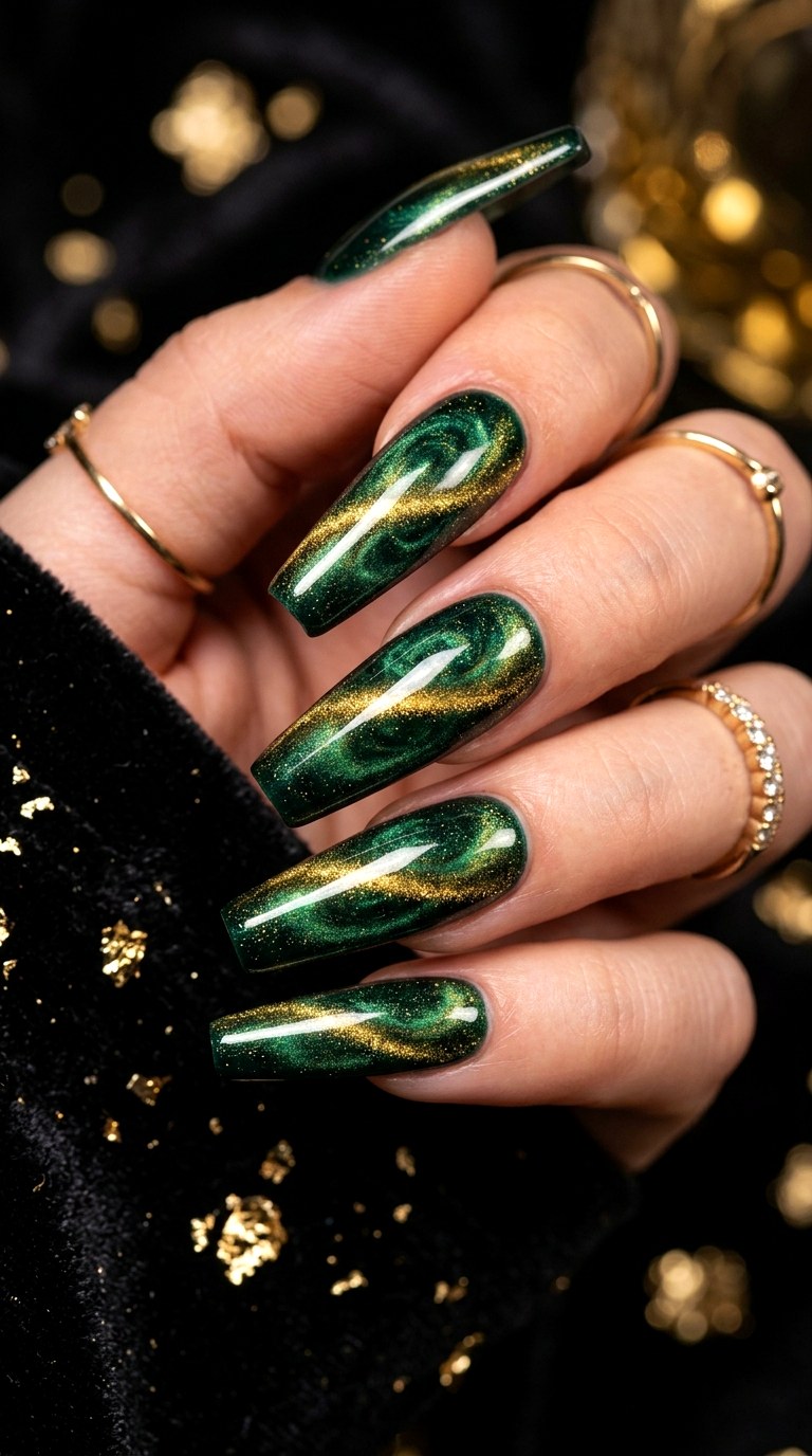 Green and Gold Magnetic Elegance - 20  Spring Dual-Tone Magnetic Cat Eye Nails Ideas