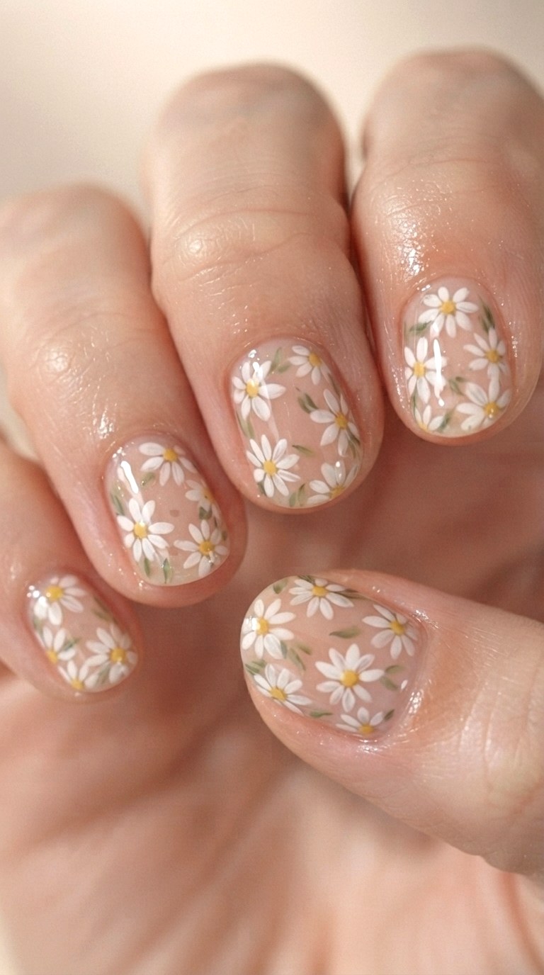 Hand Painted White Florals - 28 white nails