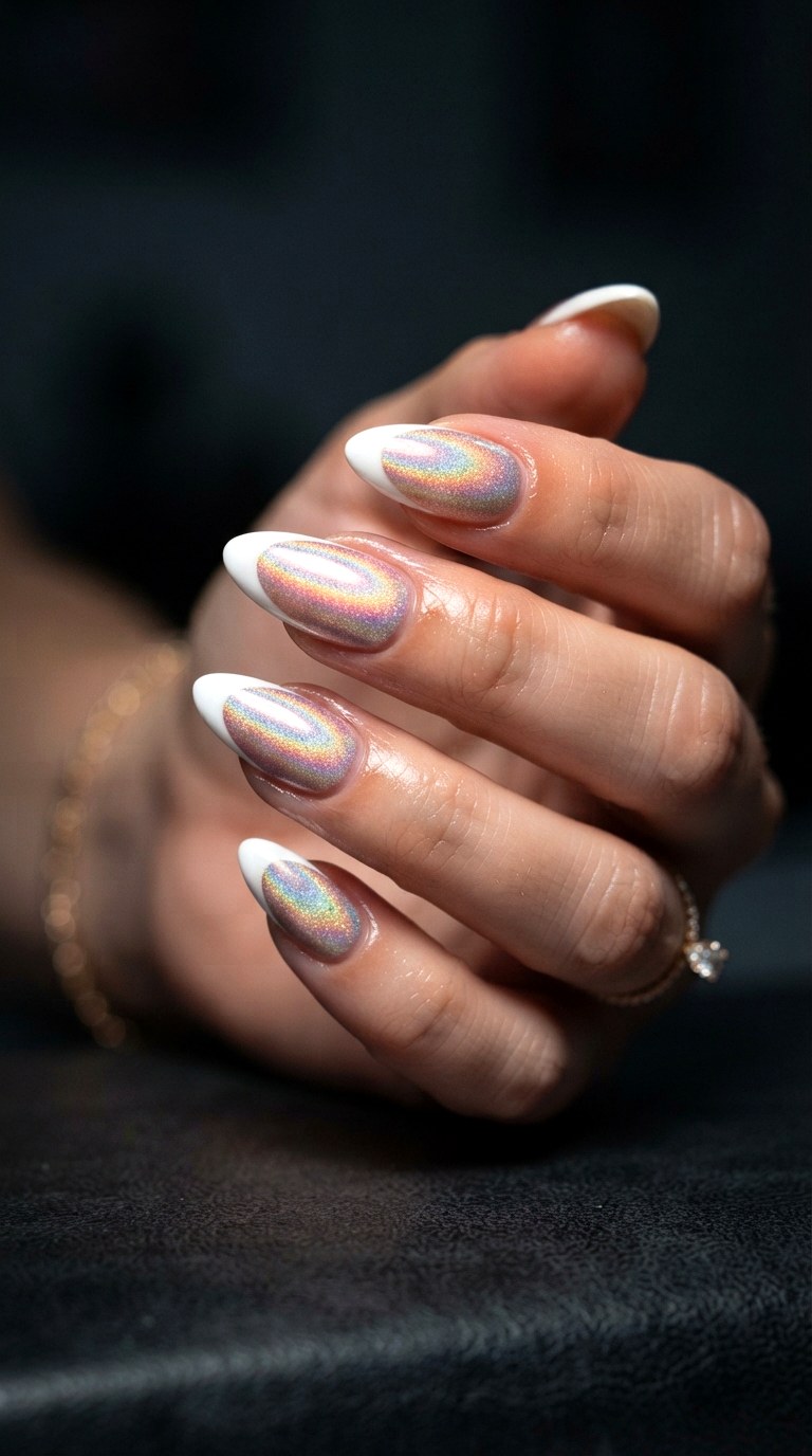 Holographic Aura Glow - 27 white almond nails