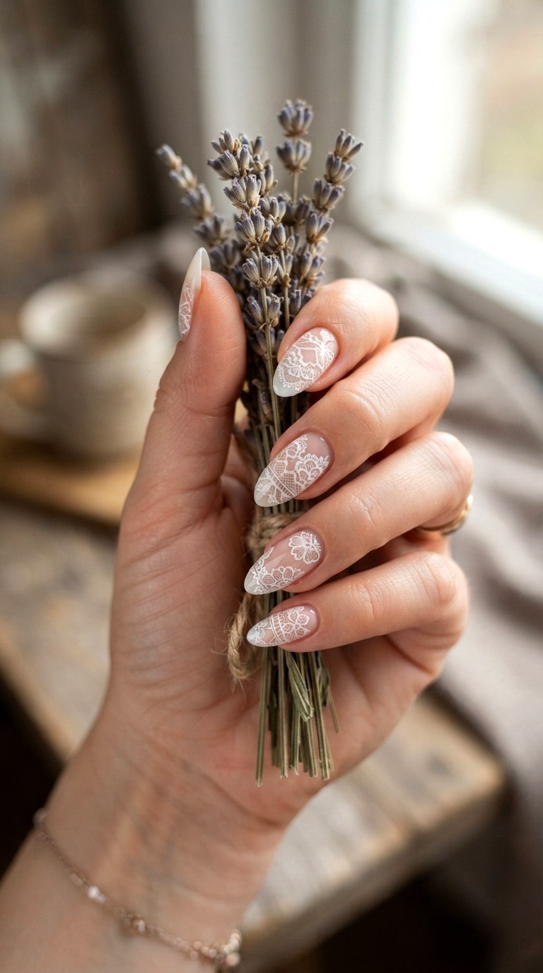 Lace Stencil White Almond Nails - 30 white almond nails