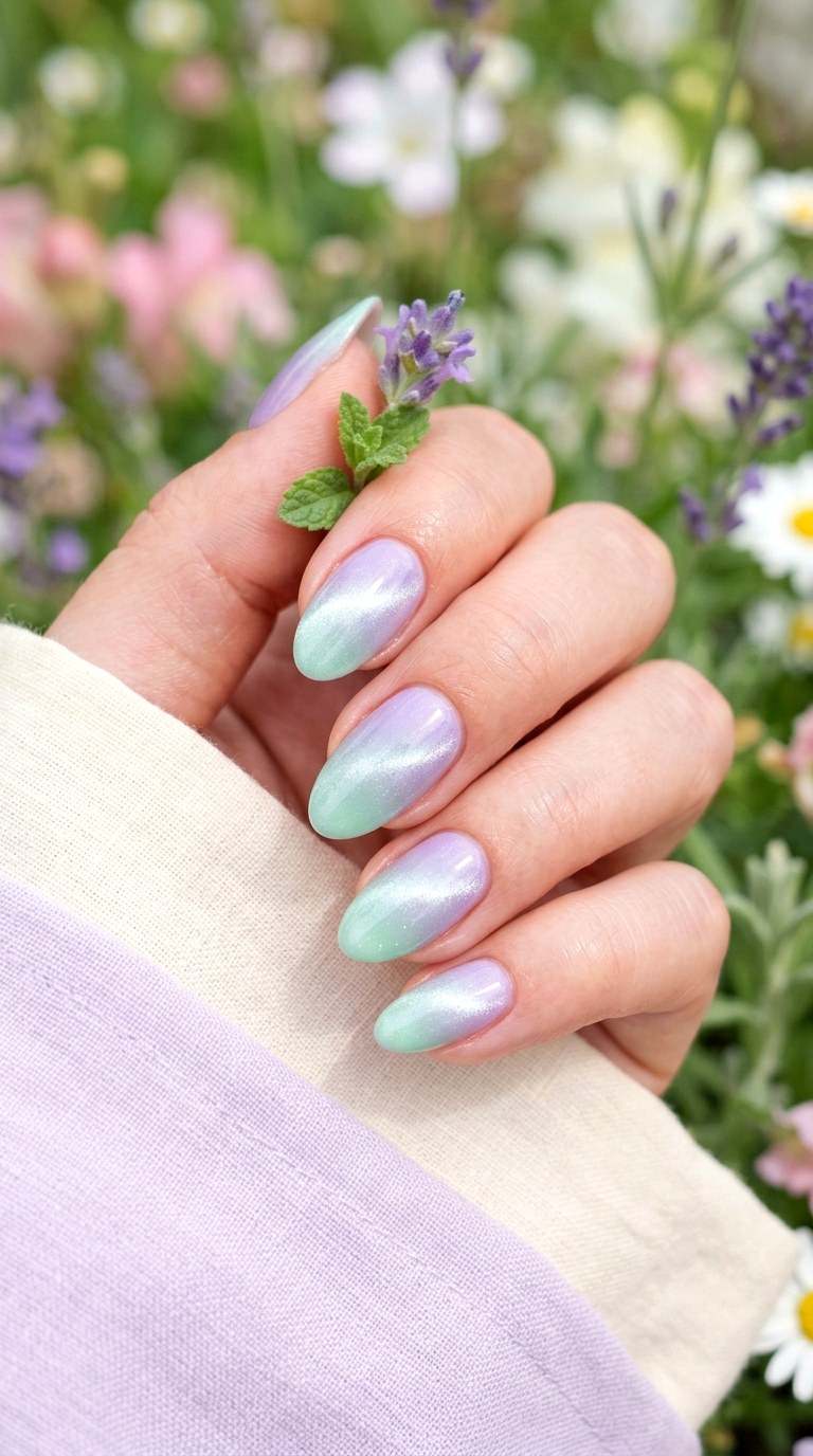 Lavender and Mint Gradient Cat Eye - 20  Spring Dual-Tone Magnetic Cat Eye Nails Ideas