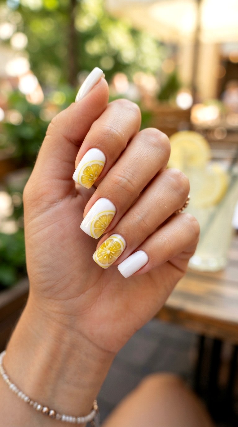 Lemon Slice Brights - 22 white nails with designs