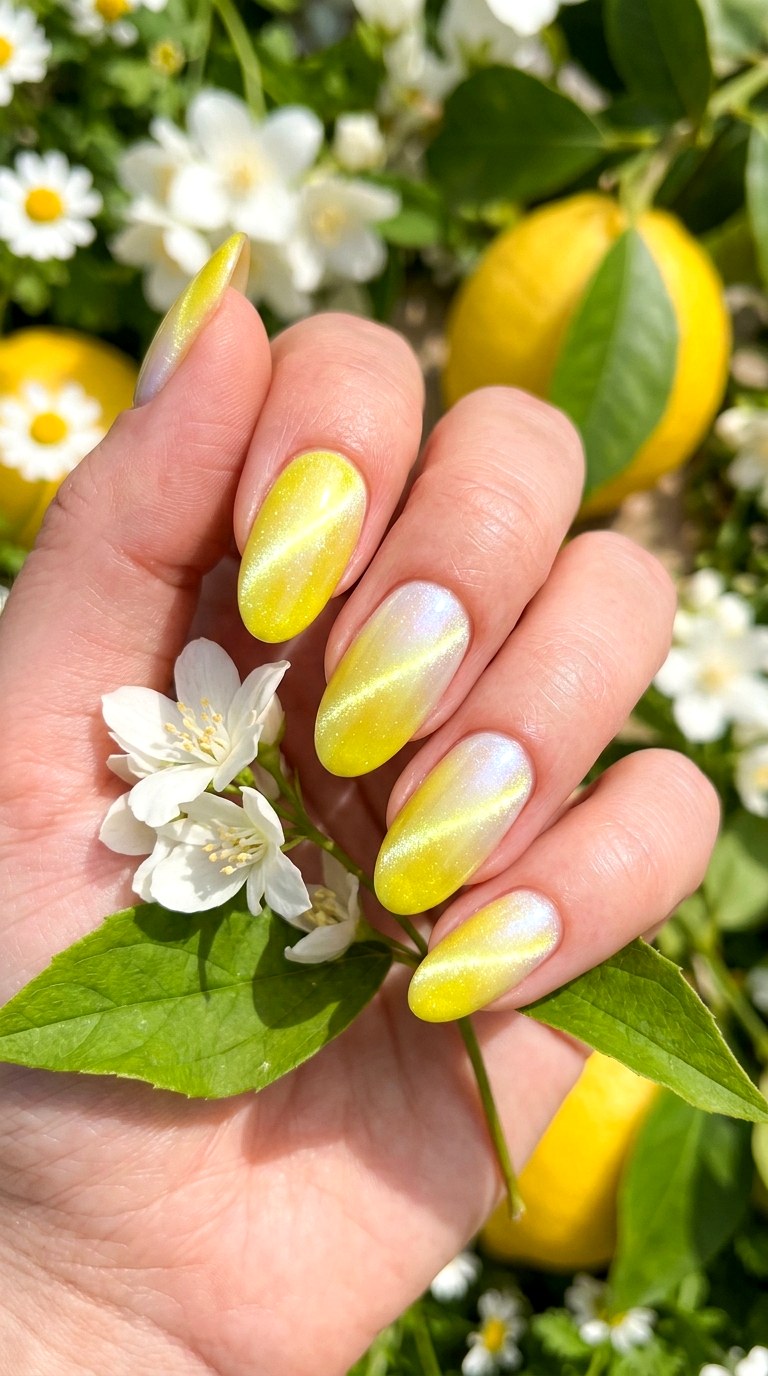 Lemon Yellow and White Glow - 20  Spring Dual-Tone Magnetic Cat Eye Nails Ideas