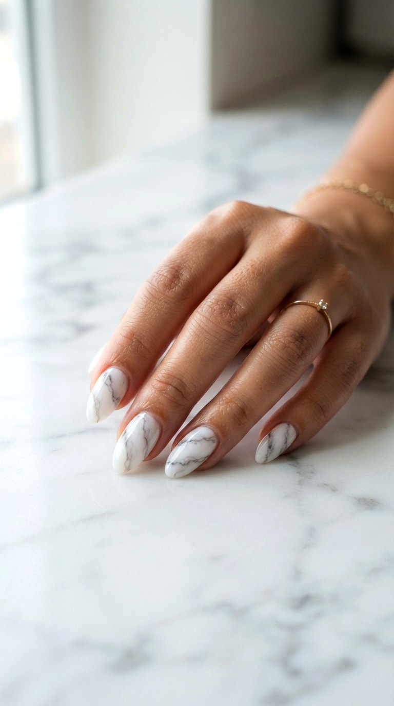 Marble Stone Veining - 27 white almond nails