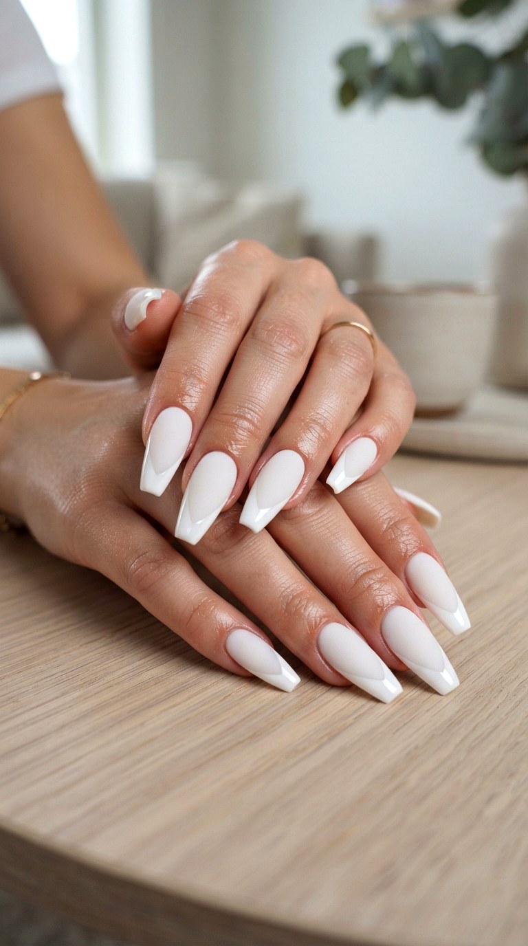 Matte White with Glossy Tips - 22 white nails with designs