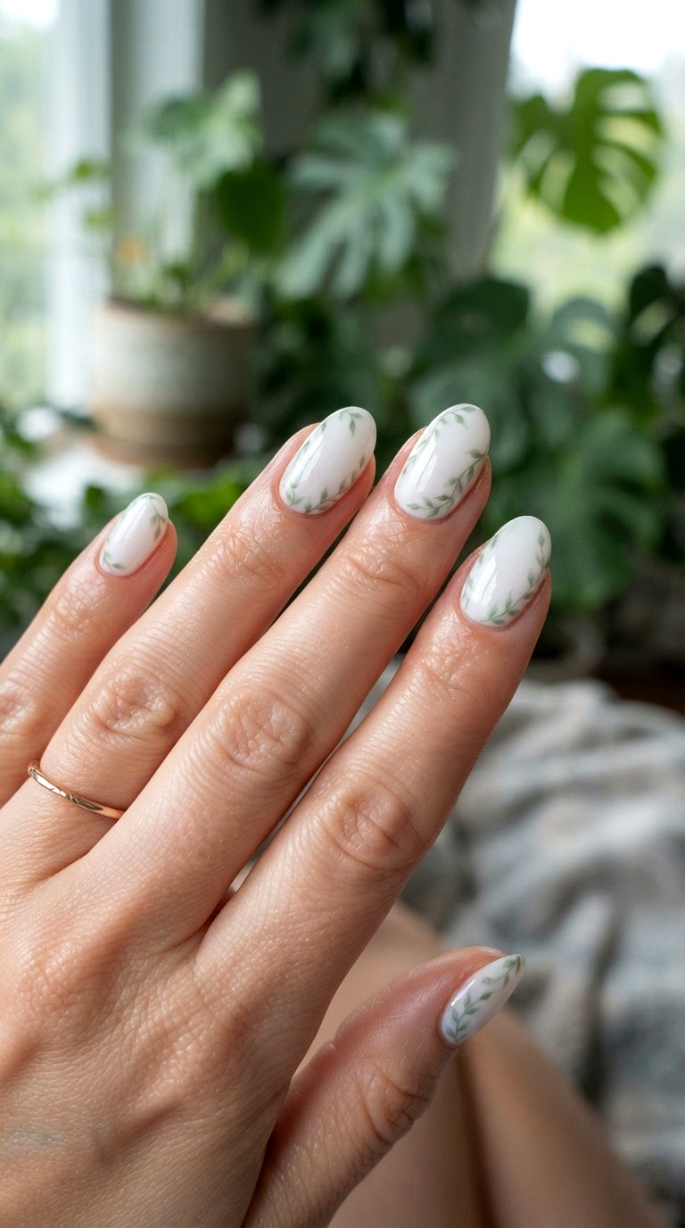 Mint Green Botanical Vines - 22 white nails with designs