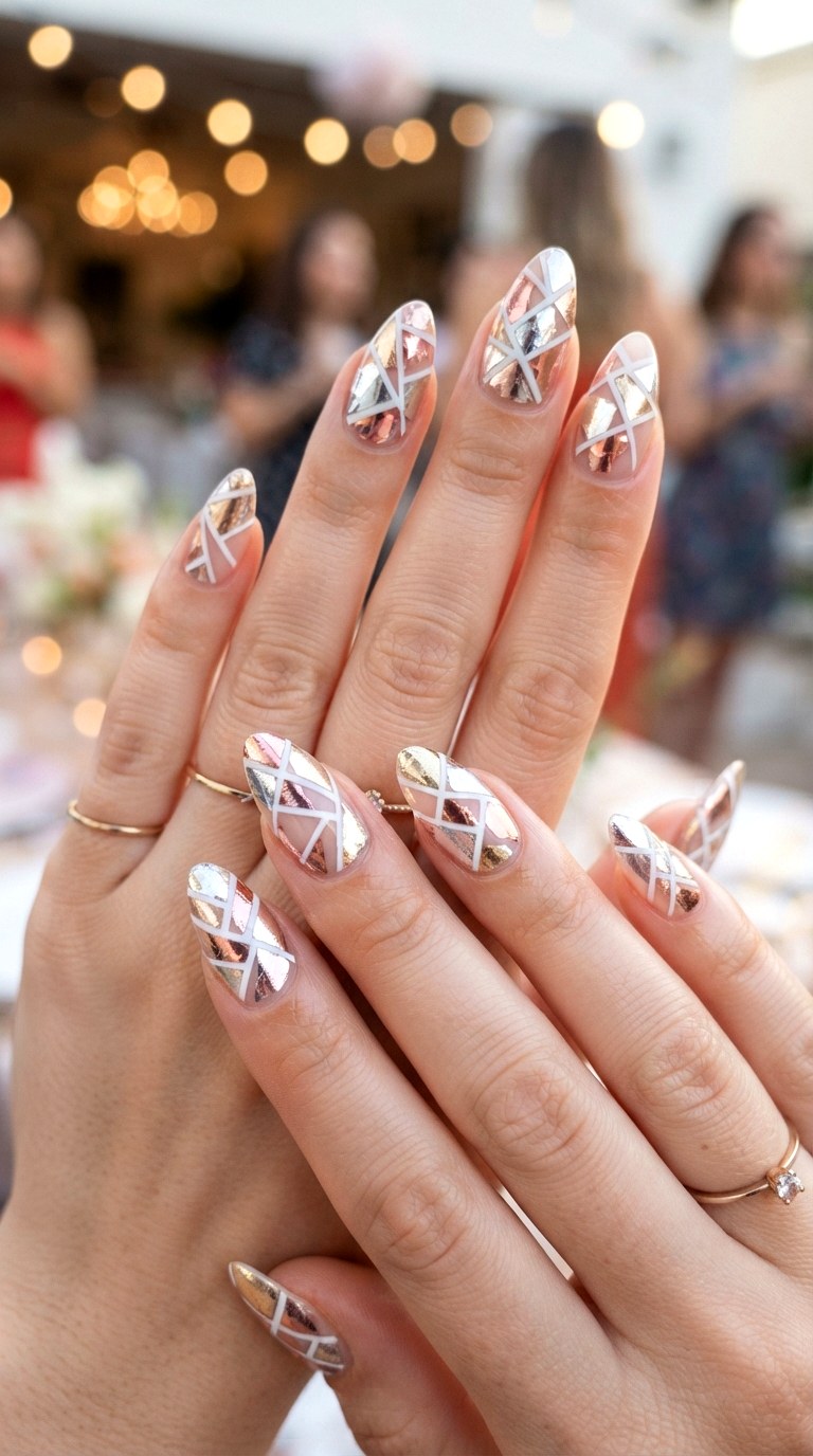 Mixed Metallics Geometry - 22 white nails with designs