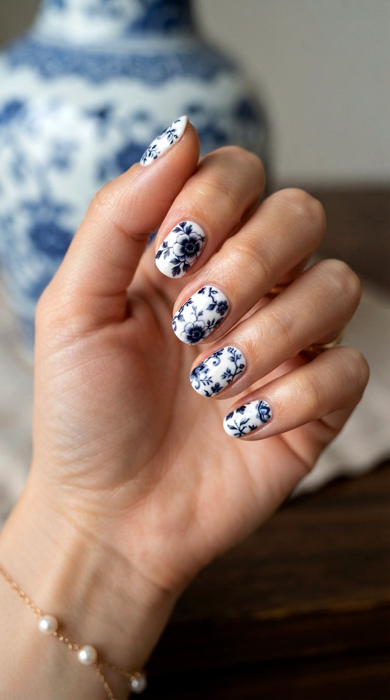 Navy Blue Floral Decals - 22 white nails with designs
