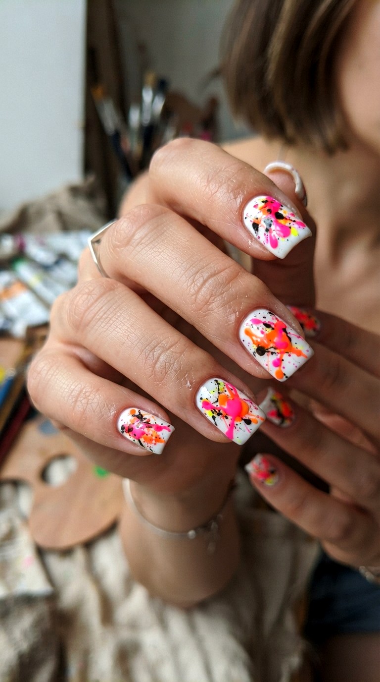 Neon Splatter Patterns - 22 white nails with designs