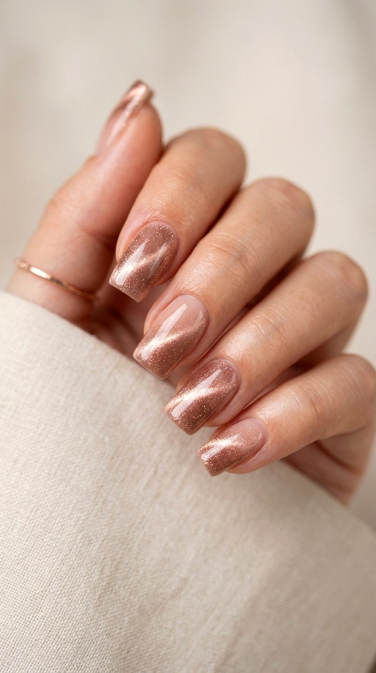 Nude and Rose Gold Cat Eye - 20  Spring Dual-Tone Magnetic Cat Eye Nails Ideas