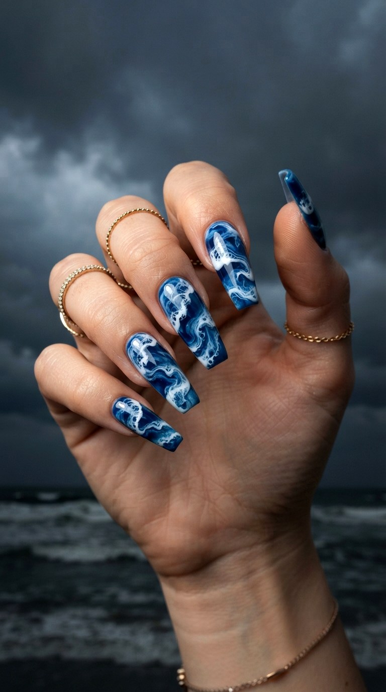 Ocean Wave Marble Nautical Nails - 30 nautical nails
