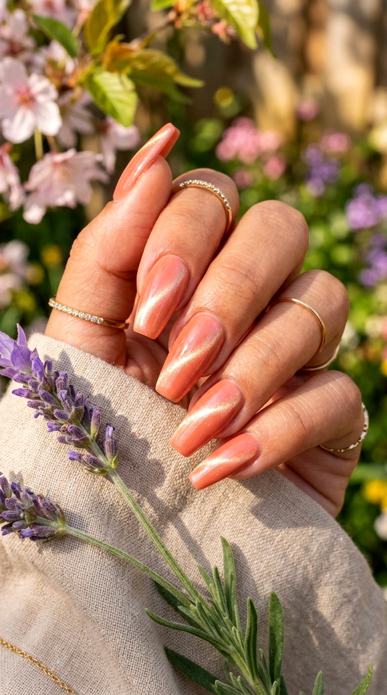 Peach and Coral Magnetic Shine - 20  Spring Dual-Tone Magnetic Cat Eye Nails Ideas