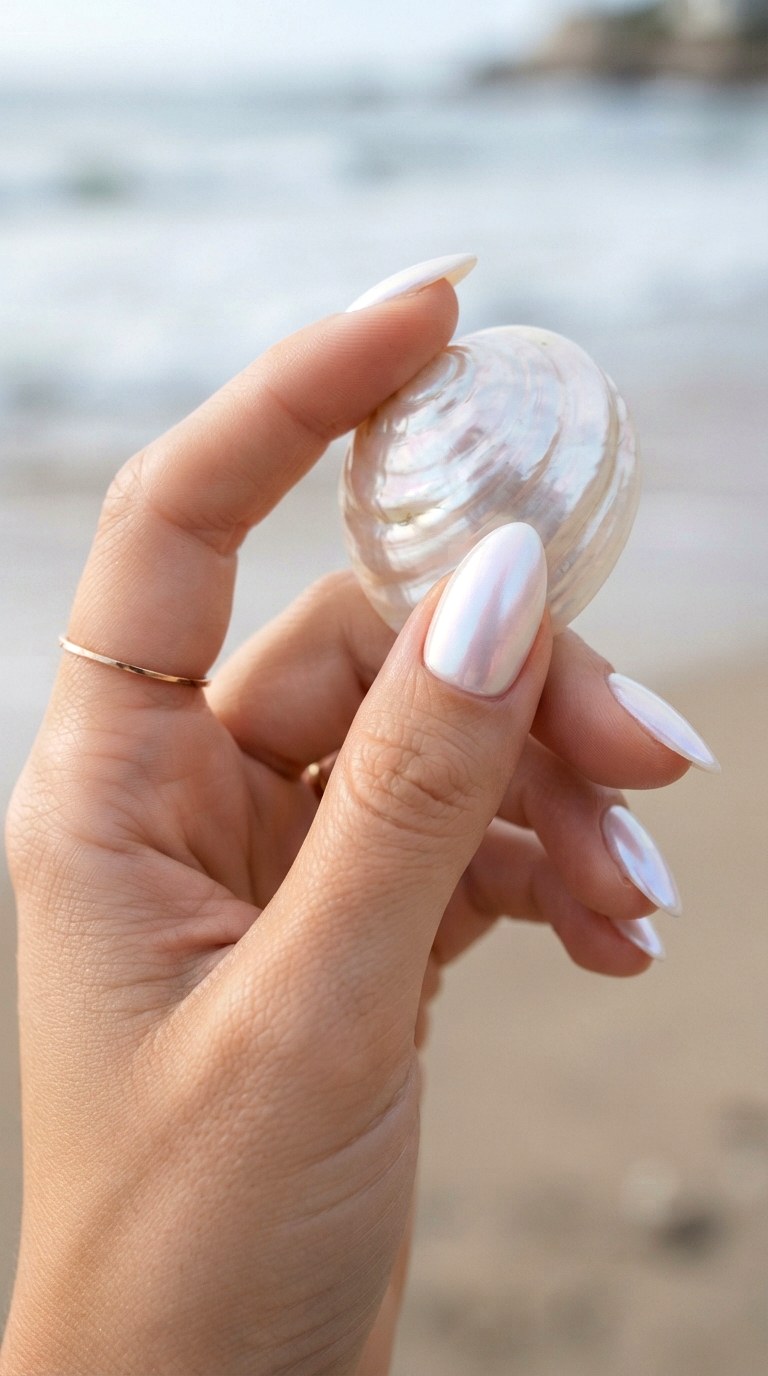 Pearl Chrome Iridescence - 27 white almond nails