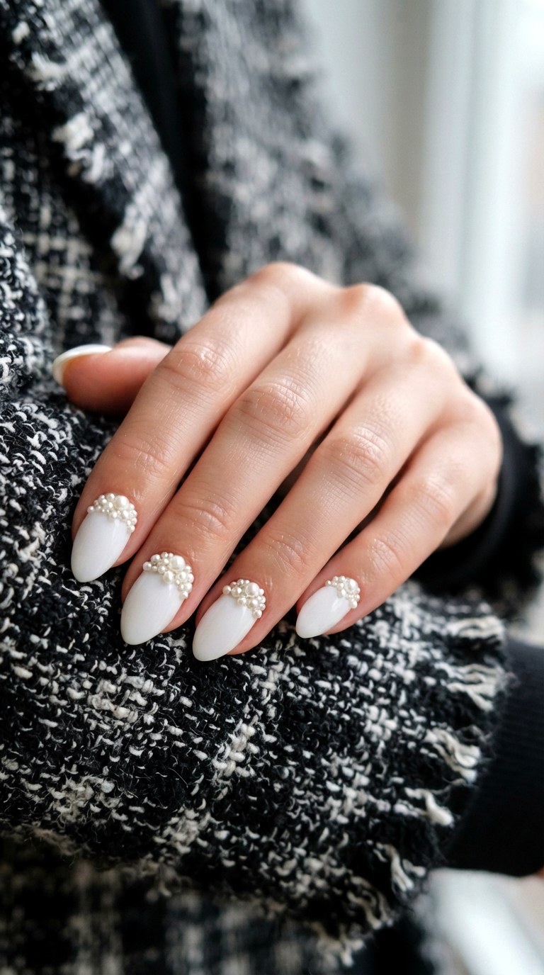 Pearl Cluster White Almond Nails - 30 white almond nails