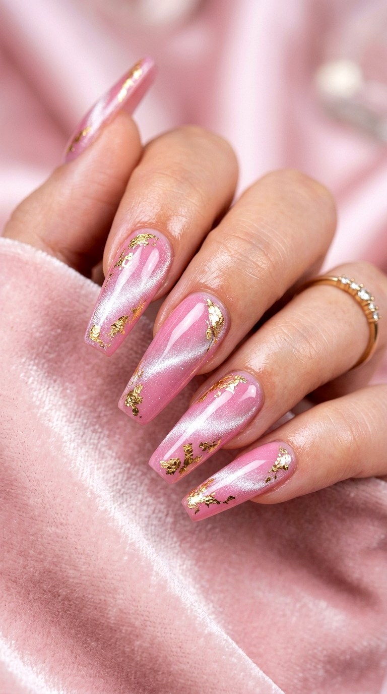 Pink and Gold Foil Cat Eye - 20  Spring Dual-Tone Magnetic Cat Eye Nails Ideas