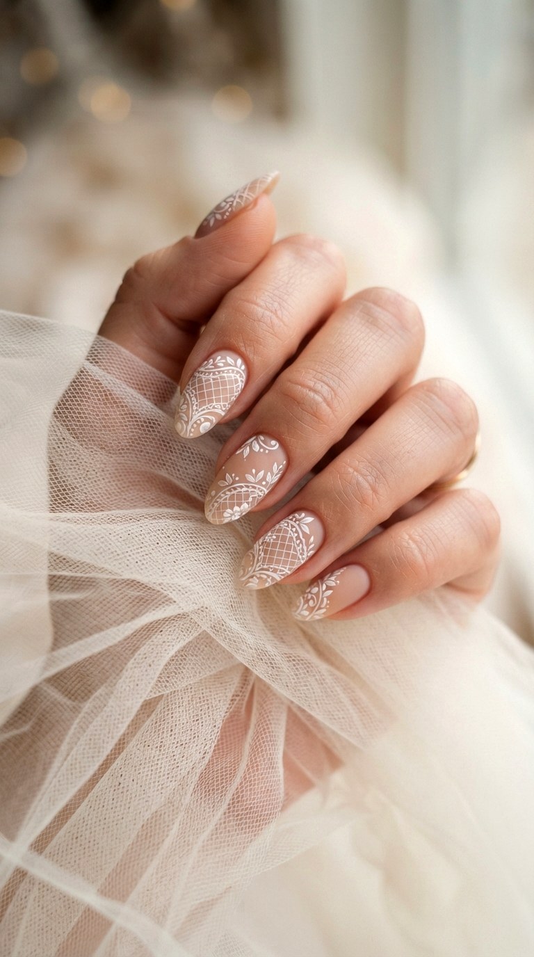 Pressed Bridal Lace Art - 27 white almond nails