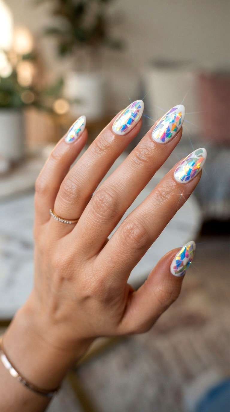 Rainbow Prismatic Foil Transfer - 27 white almond nails