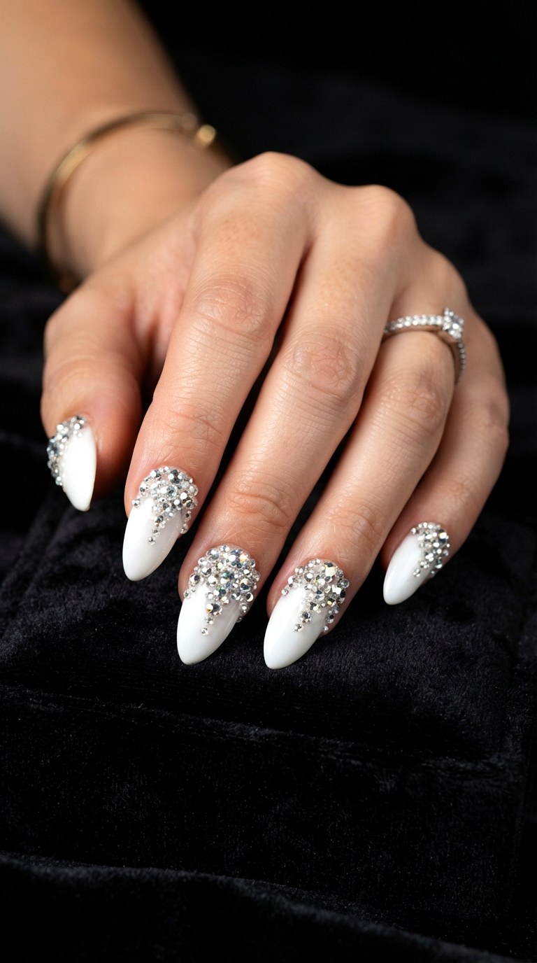 Rhinestone Cascade Clusters - 27 white almond nails