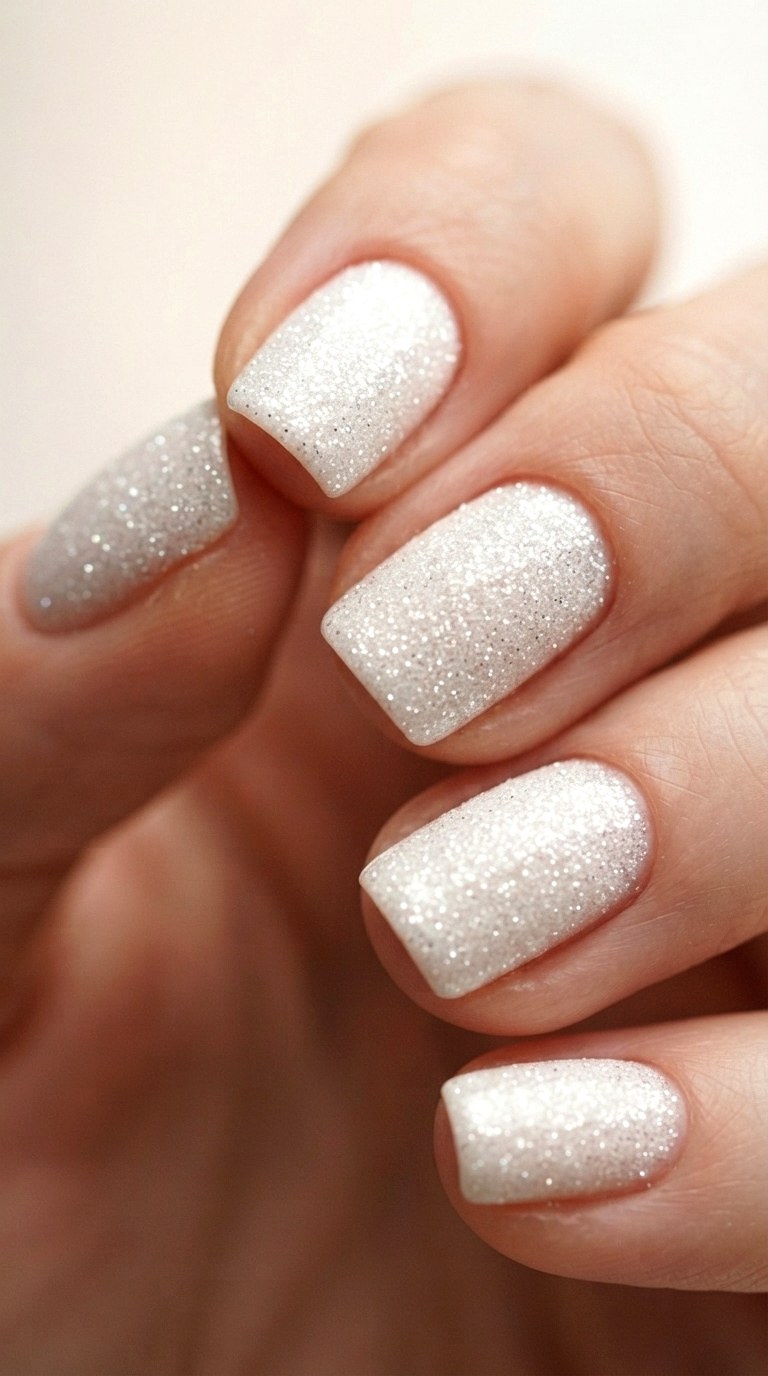 Short White Squoval Micro Glitter - 28 white nails