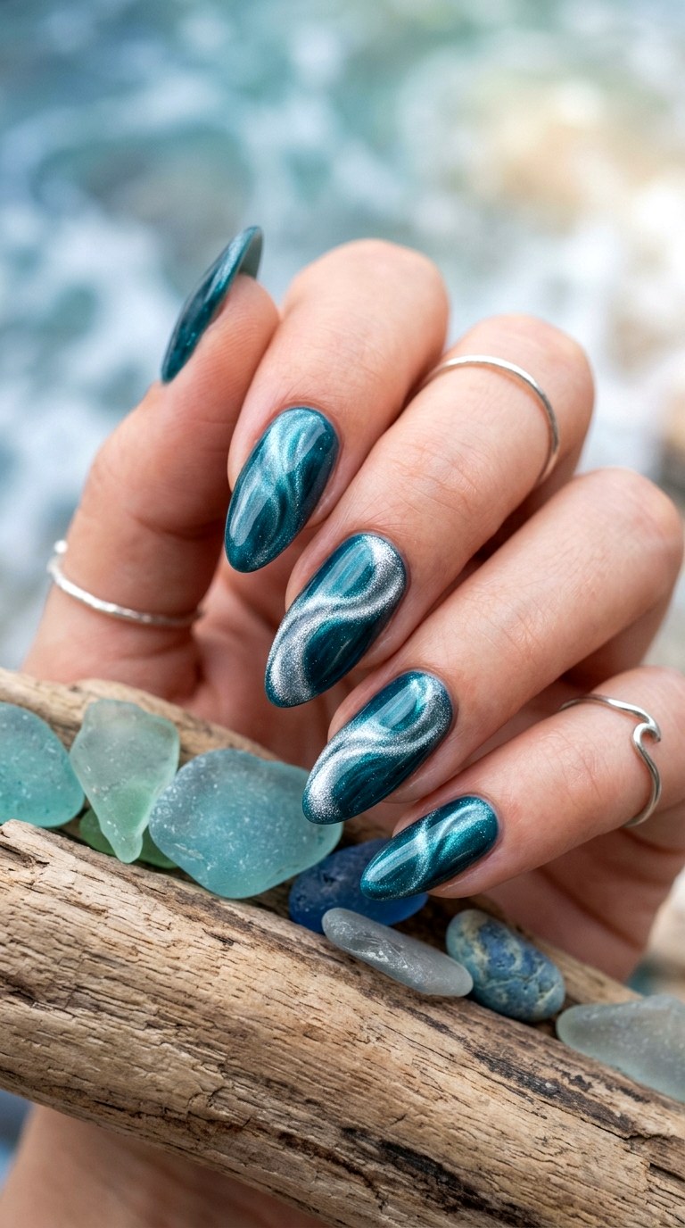 Teal and Silver Magnetic Waves - 20  Spring Dual-Tone Magnetic Cat Eye Nails Ideas