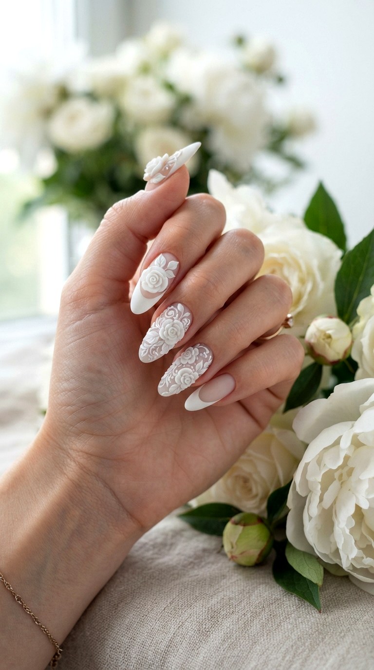 The D Sculpted Floral White On White French Tip - 22 white-on-white French tip nails