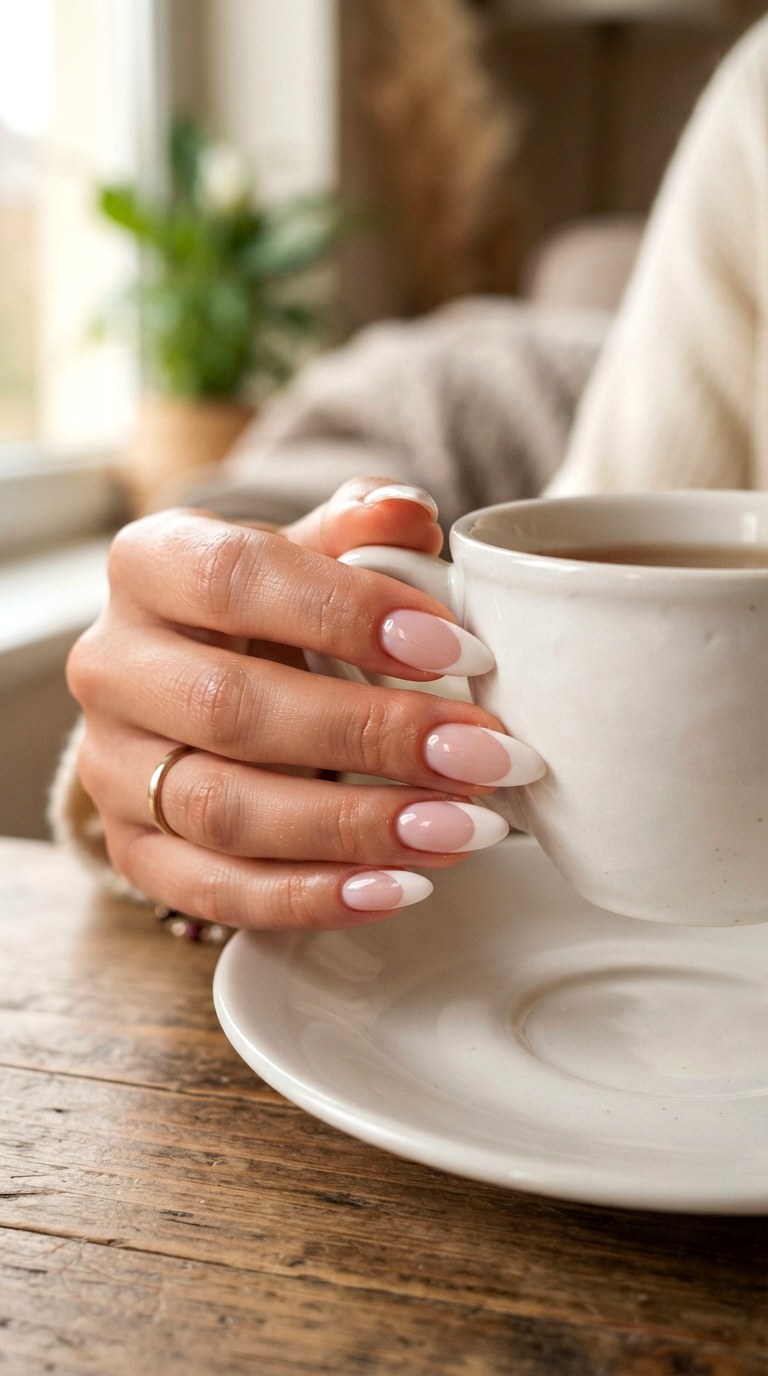The Almond Silhouette White On White French Tip - 22 white-on-white French tip nails