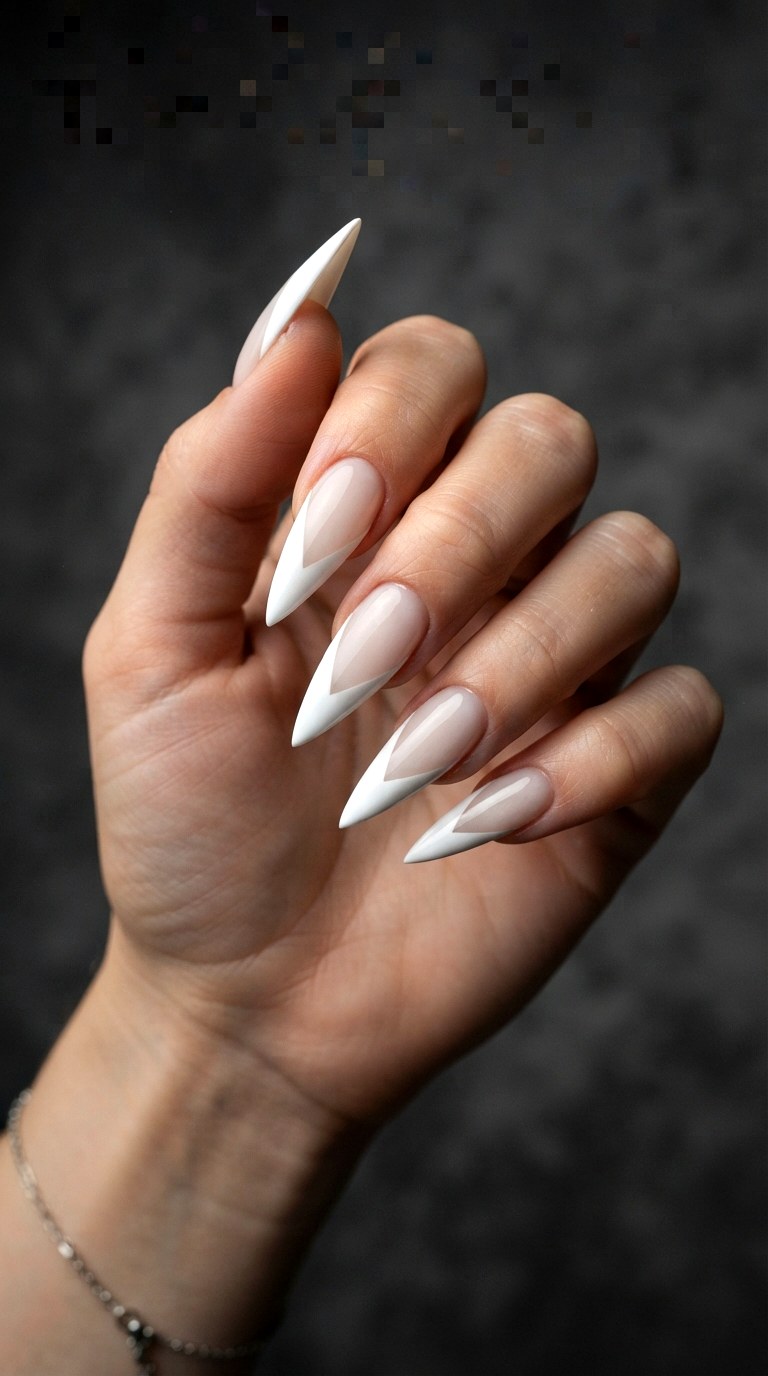 The Deep V Chevron White On White French Tip - 22 white-on-white French tip nails