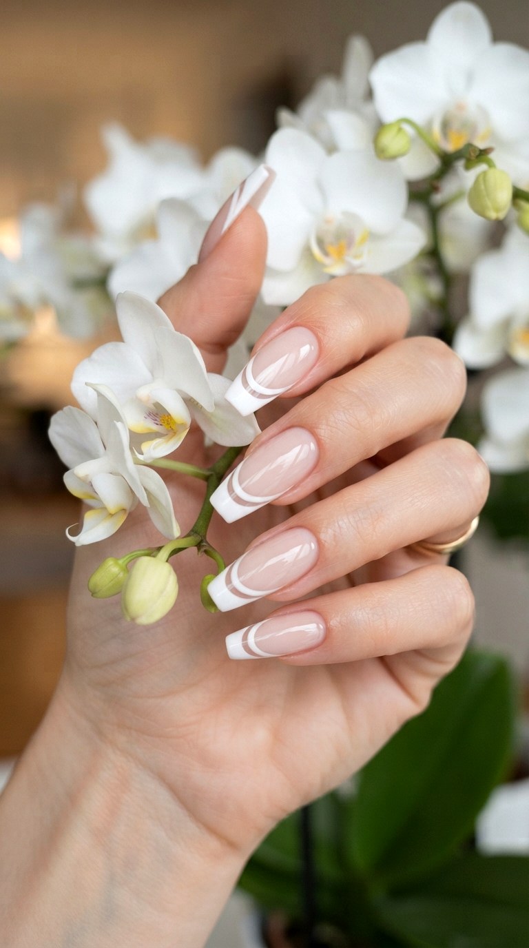 The Double Arc Stacked White On White French Tip - 22 white-on-white French tip nails