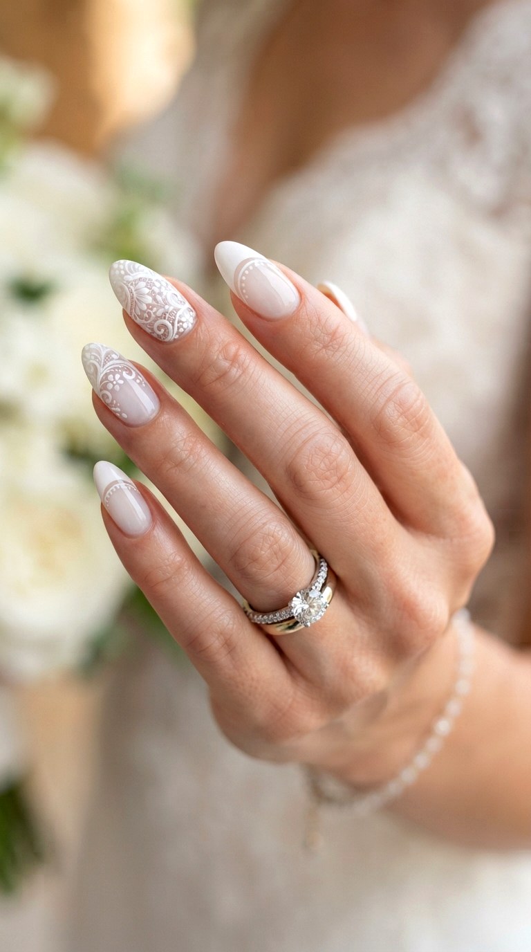 The Hand Painted Bridal Lace White On White French Tip - 22 white-on-white French tip nails