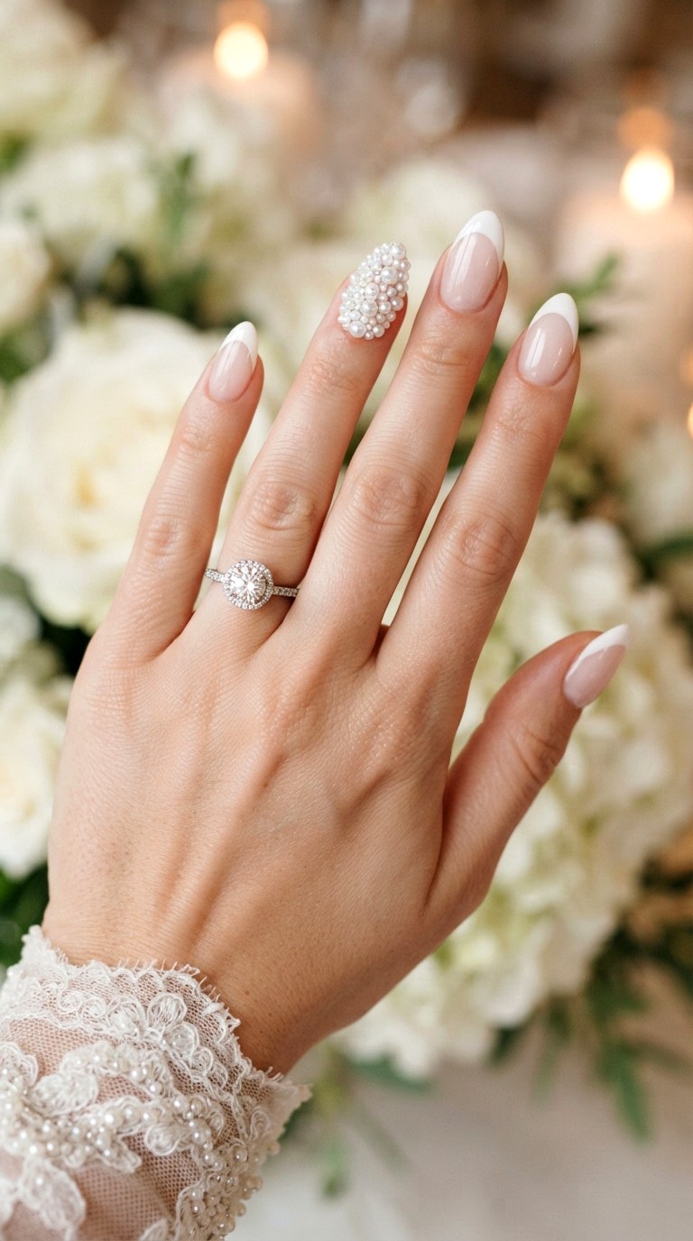 The Pearl Studded Accent White On White French Tip - 22 white-on-white French tip nails