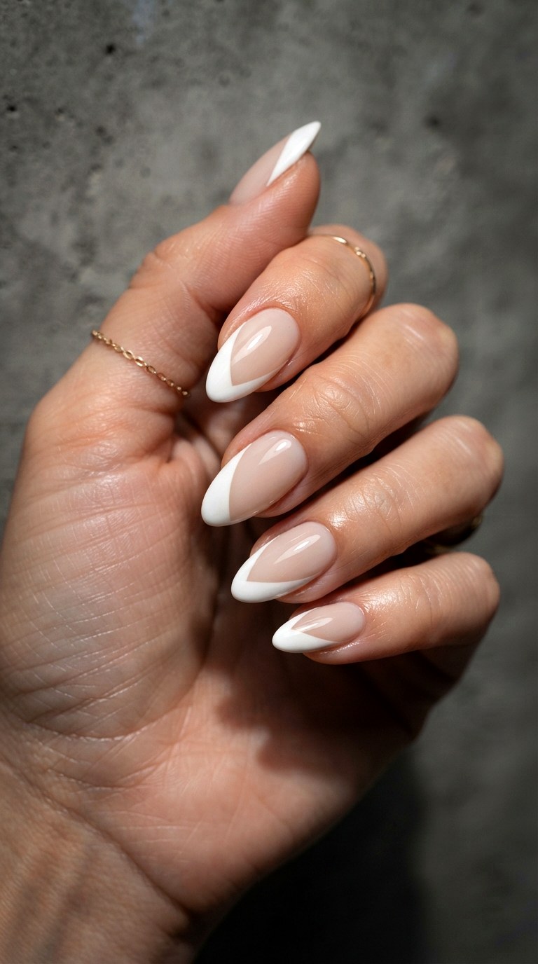 The Side Swept Asymmetric White On White French Tip - 22 white-on-white French tip nails