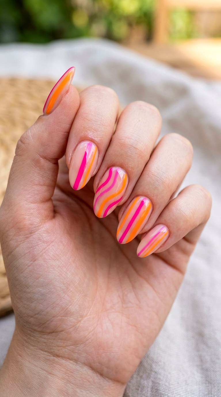 Vibrant Asymmetrical Summer Striped Nails - 23 summer striped nails