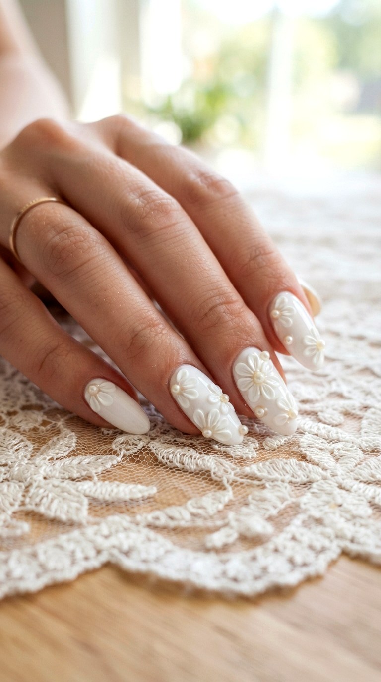 White Almond Nails With D Daisies - 30 white almond nails