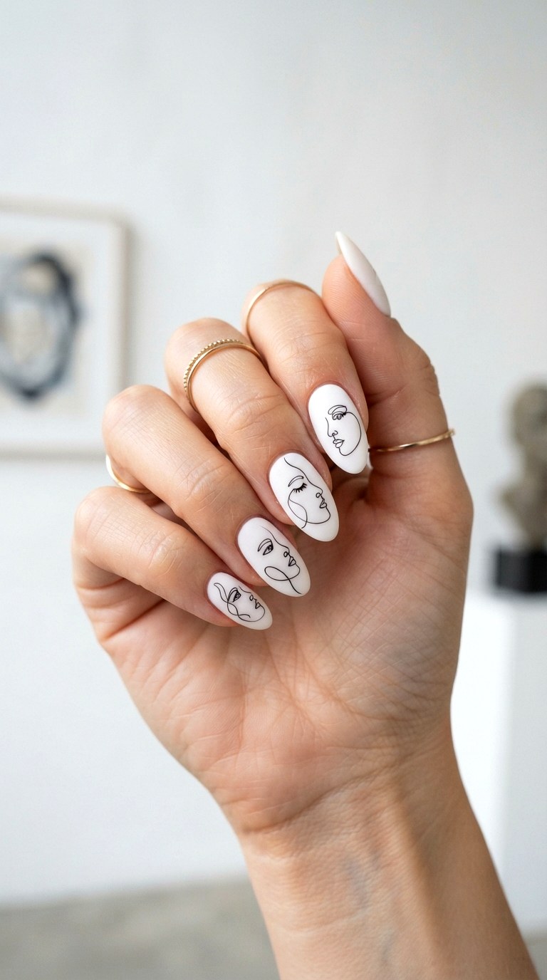 White Almond Nails With Abstract Faces - 30 white almond nails