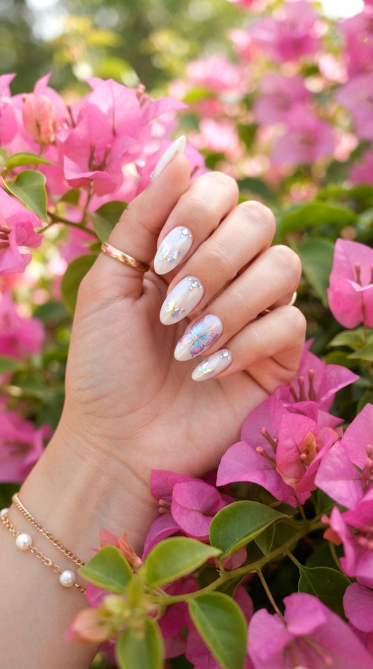 White Almond Nails With Butterfly Accents - 30 white almond nails