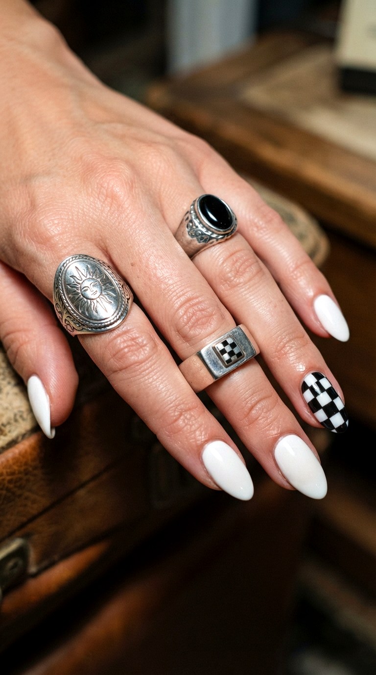 White Almond Nails With Checkerboard Grid - 30 white almond nails