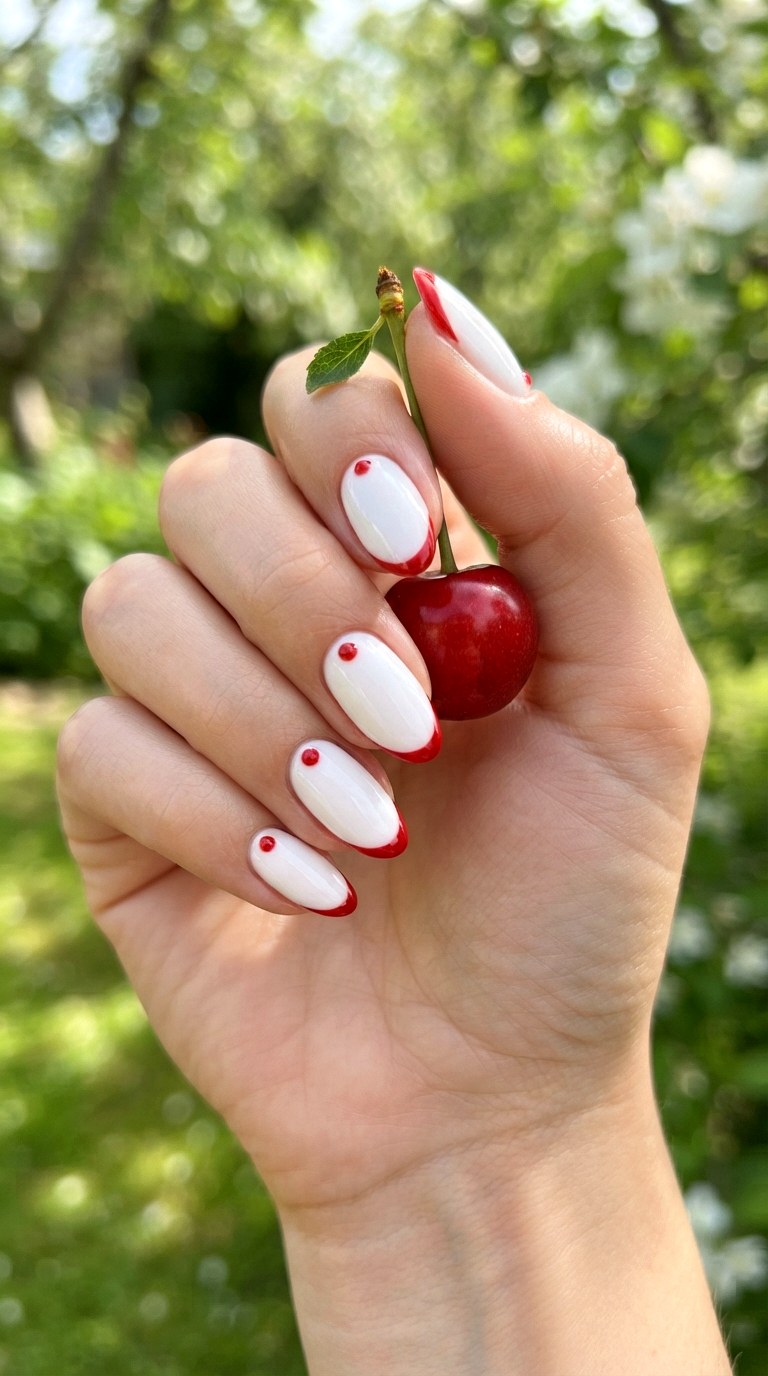 White Almond Nails With Cherry Red Details - 30 white almond nails