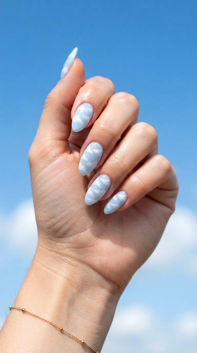 White Almond Nails With Cloud Art - 30 white almond nails