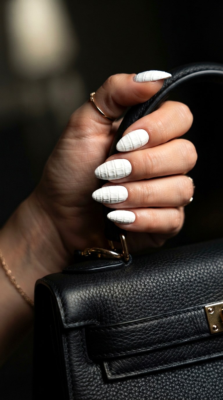 White Almond Nails With Croc Embossing - 30 white almond nails