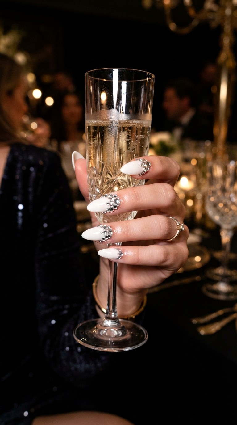 White Almond Nails With Crystal Embellishments - 30 white almond nails